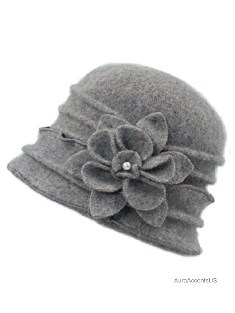 Wool Cloche Bucket Hat Faux Pearl Flower Winter Slouch
